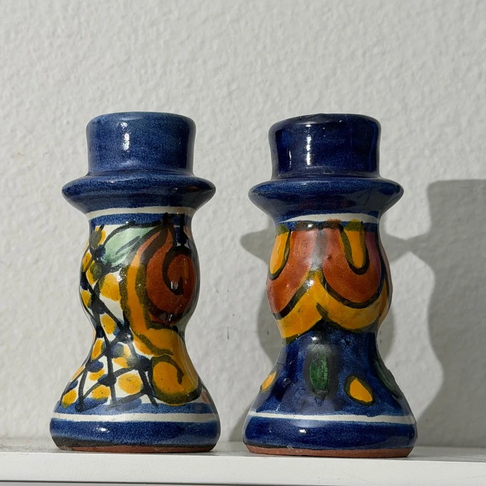 Vintage Mexican Pottery Candlestick Holders Pair Hand Painted Blue Folk Art